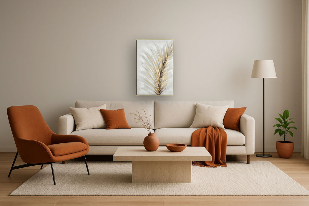 Hand Painted Textured Canvas With Foil In Frame Gold Feather - Gold