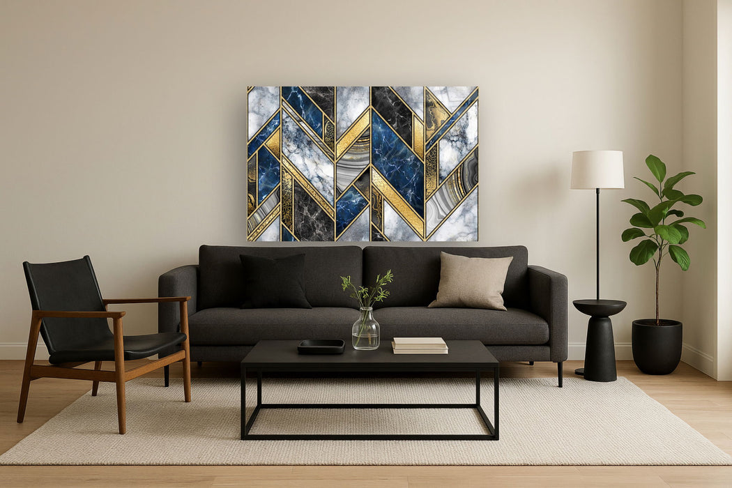 Tempered Glass With Foil - Blue &n Gold Marble Patterns - Pearl Silver