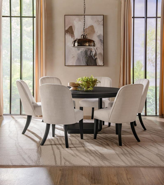 Leandro - 7 Piece Round Dining Table Set - Cream / Burnished Black