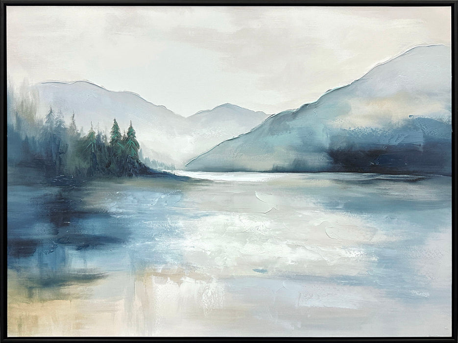 "Misty Lakeview I" Hand-Embellished Canvas In Frame - Blue / Gray