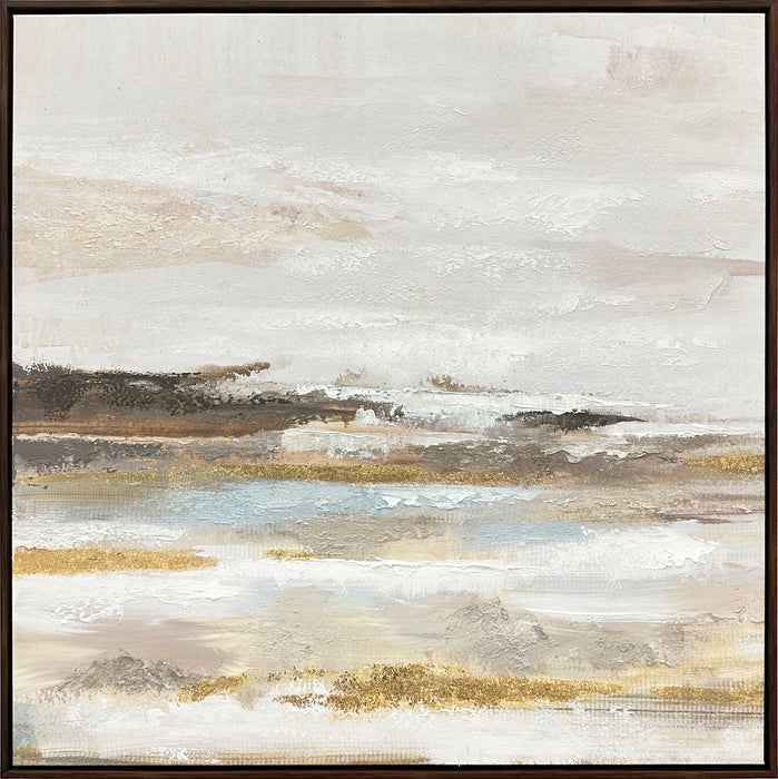 "Tranquil Horizon I" Hand-Embellished Canvas In Frame - Cream / Light Blue / Brown