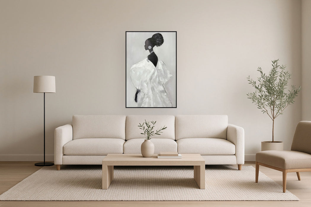"Elegant Silhouette I" Hand-Painted With Rocks In Frame - White / Black / Rock