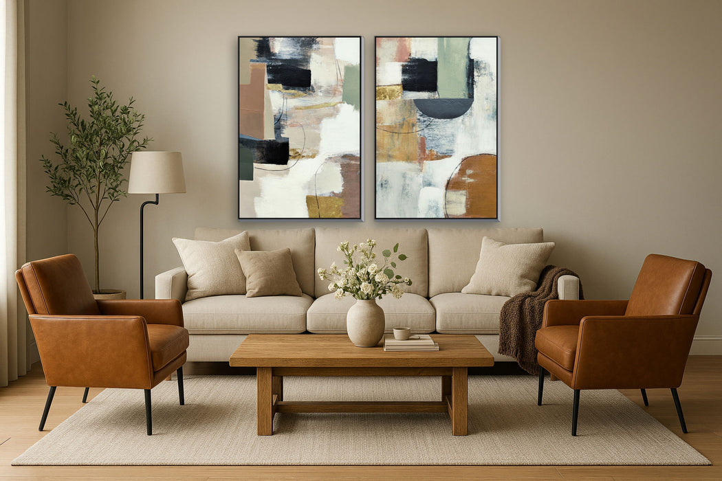 32x47 Hand Painted Textured Canvas in Frame (Set of 2) - Beige