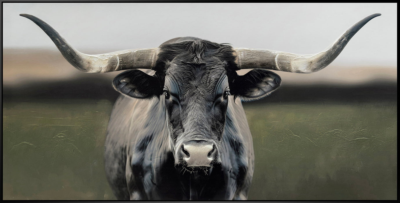 "Majestic Longhorn" Hand-Embellished Canvas In Frame - Gray / White / Green
