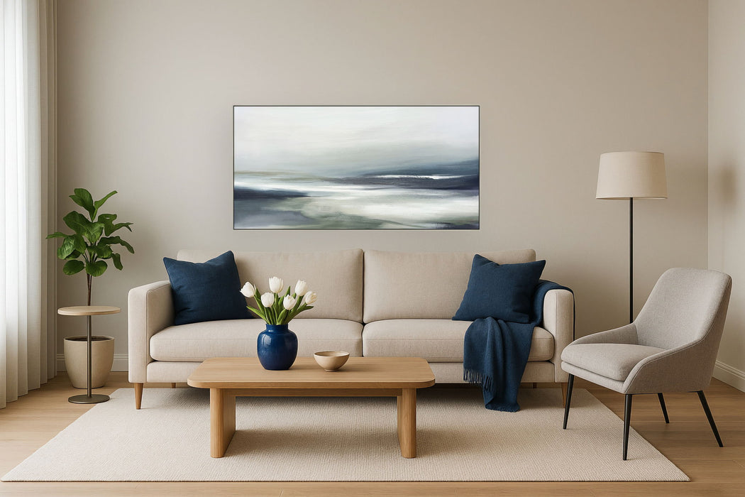 "Serene Horizon" Hand-Embellished Canvas In Frame - Blue / Gray