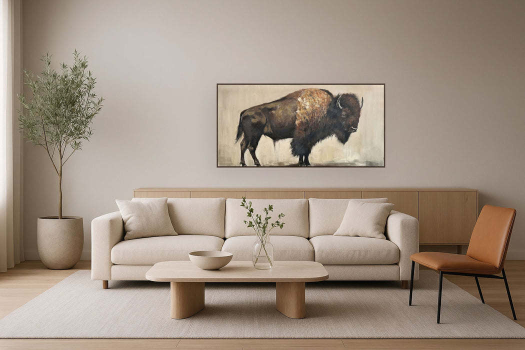 "Majestic Bison" Hand-Embellished Canvas In Frame - Brown / Earthy Tones