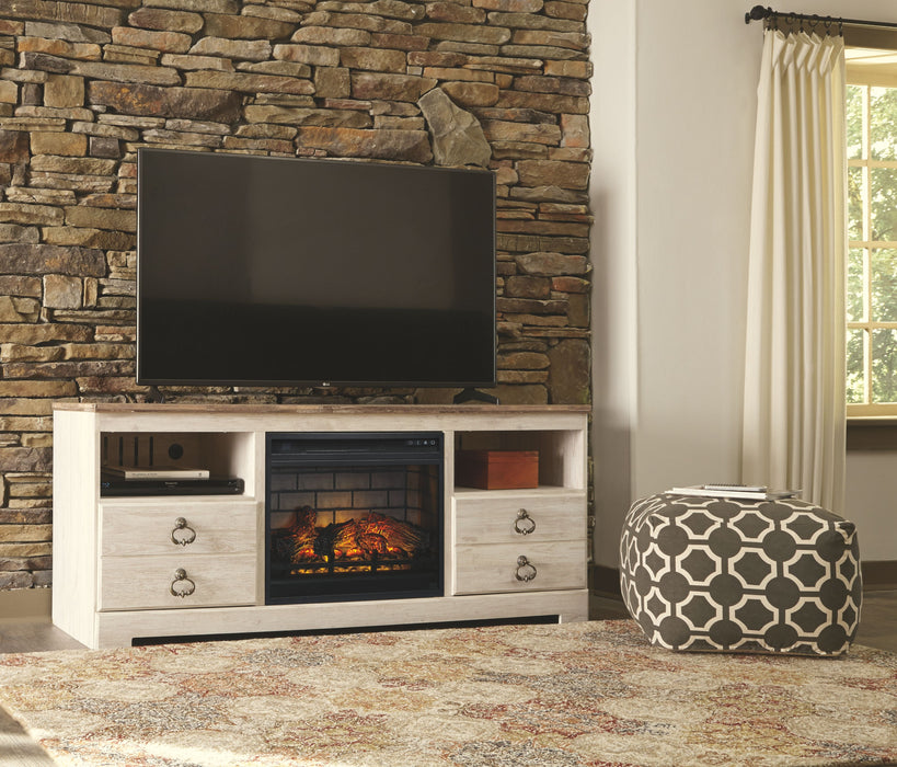 Willowton - 2 Pc. - 64" TV Stand with Faux Firebrick Fireplace Insert - Whitewash