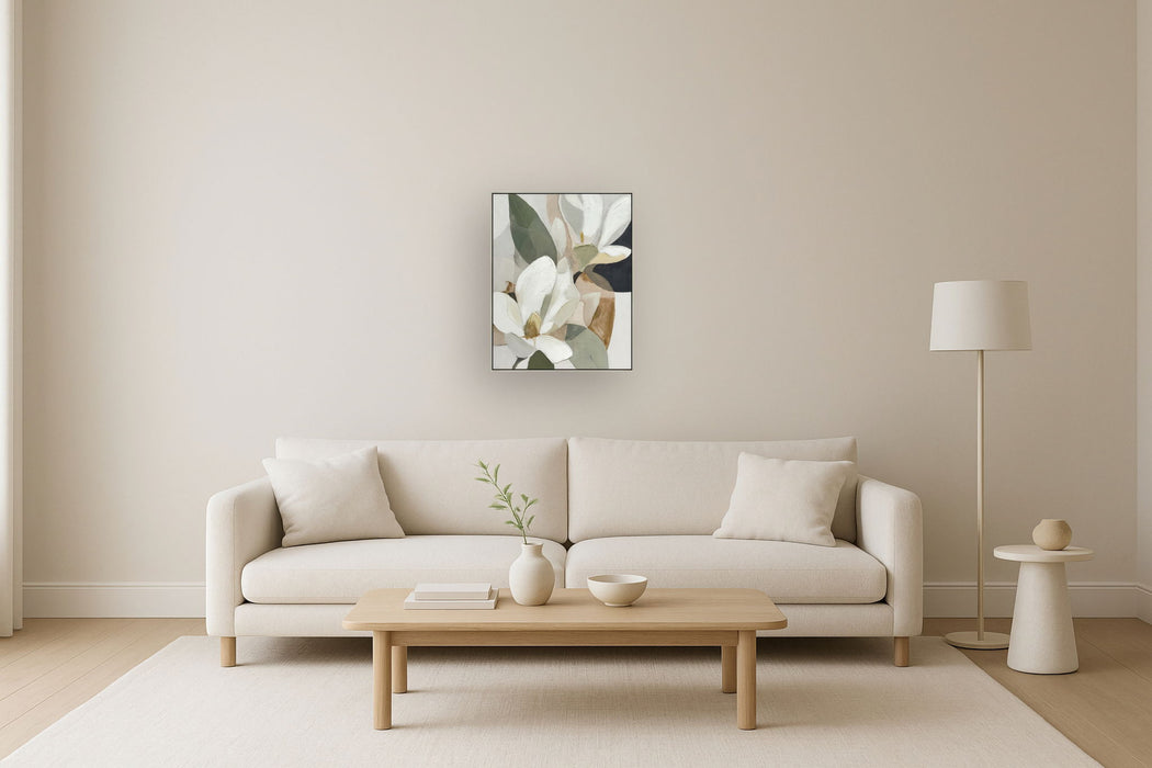 "Magnolia Serenity II" Hand-Embellished Canvas In Frame - Black / Earthy Tones / White