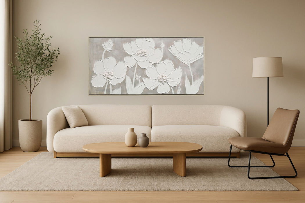 "Textured Blossoms" Hand-Painted Canvas In Frame - White / Gray