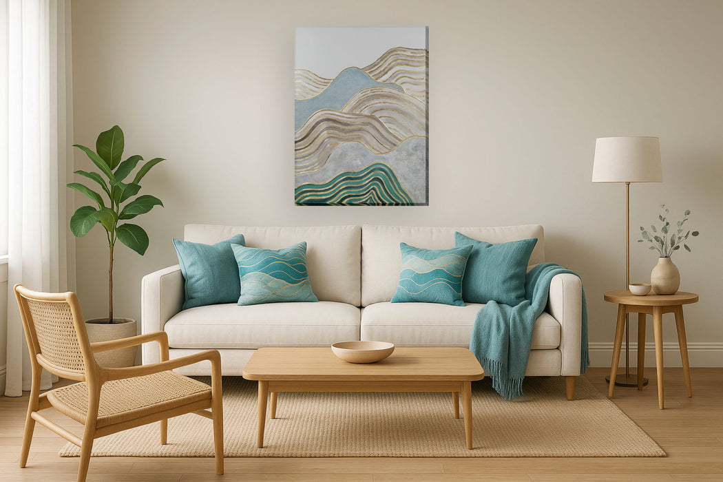 Gilded Teal Waveforms - 36" x 48" Framed Wall Art