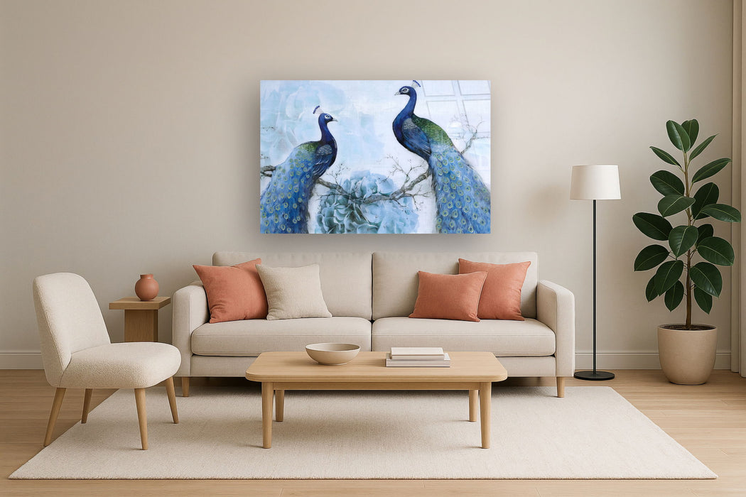 Tempered Glass With Foil & Rhinestones - Peacocks - Light Blue