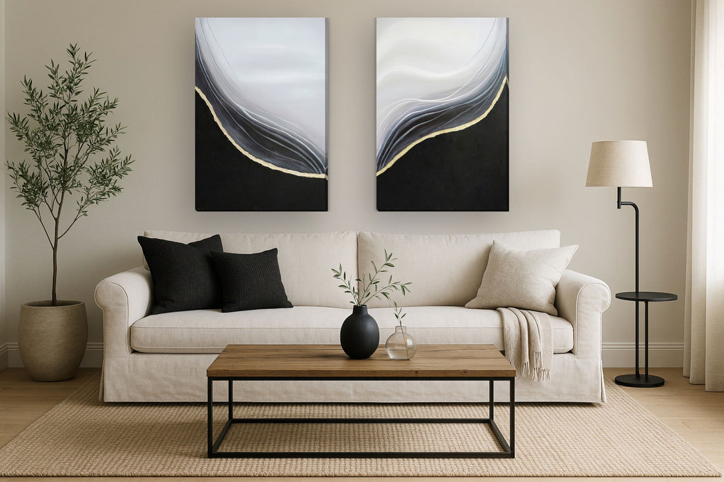 Hand Painted Textured Canvas With Foil in Frame (Set of 2) - Pearl Silver