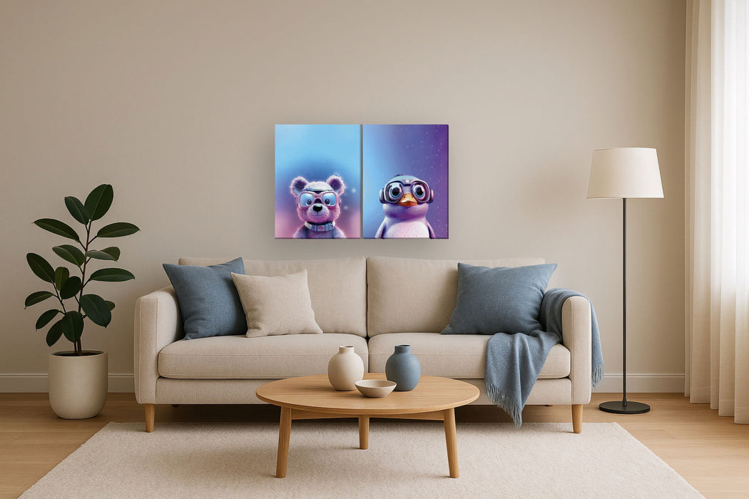 Cute Animals On Blue Tones (Set of 2) - Purple
