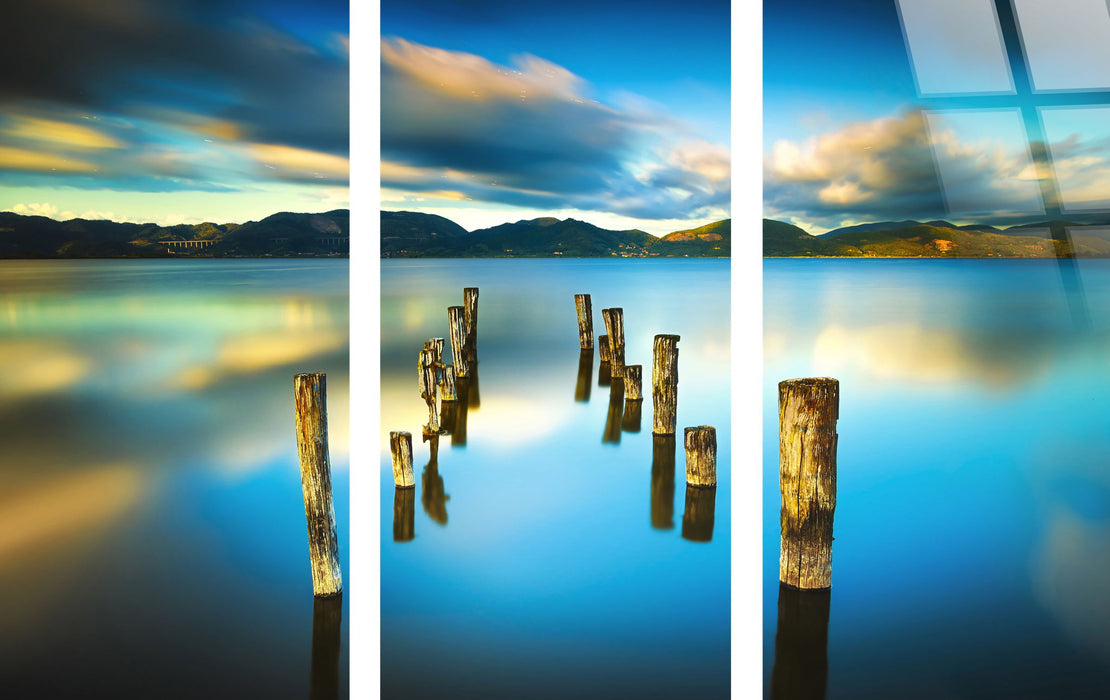 "Serene Reflection" Tempered Glass Triptych With Foil - Blue / Natural