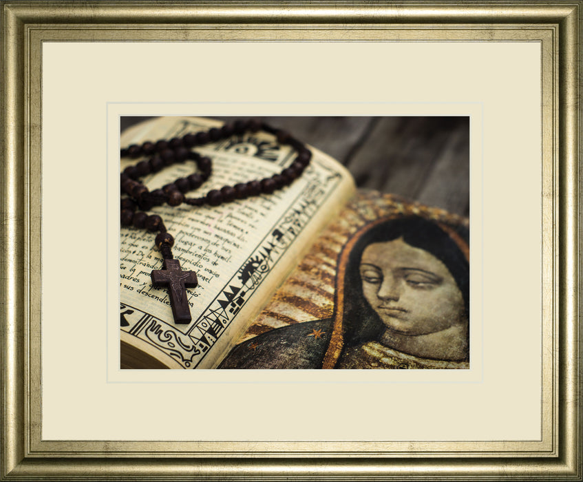 Rosary In Bible By Kbuntu - Framed Print Wall Art - Dark Brown