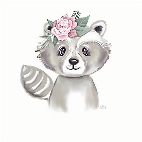 Cute Floral Raccoon By Makewells (Framed) - White