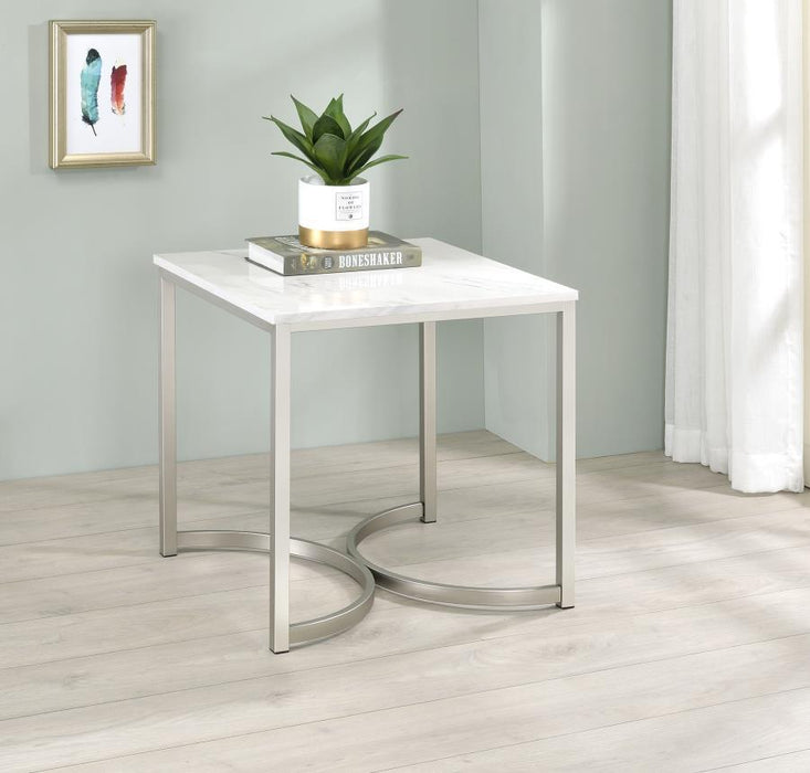 Leona - Faux Marble Square End Table - White And Satin Nickel