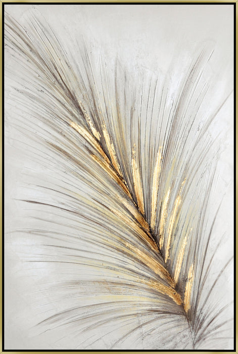 Hand Painted Textured Canvas With Foil In Frame Feather In Gold - Gold