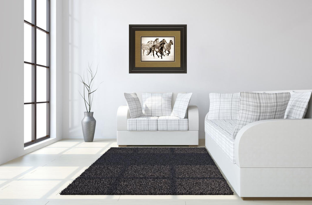 Painted Horses Run By Carol Walker - Framed Print Wall Art - Dark Brown