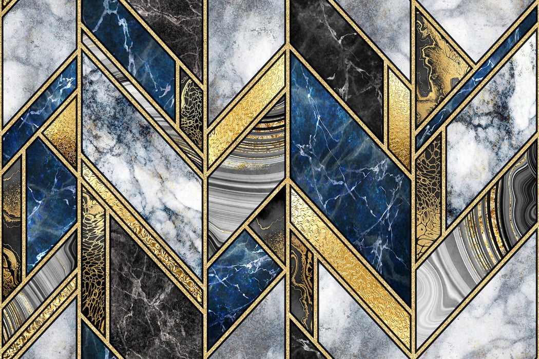 Tempered Glass With Foil - Blue &n Gold Marble Patterns - Pearl Silver