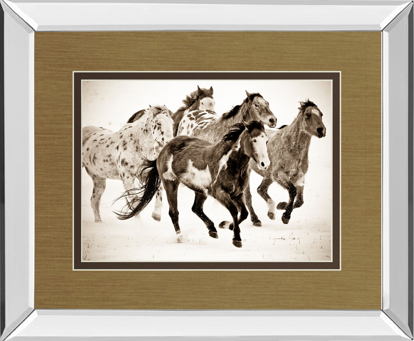 Painted Horses Run By Carol Walker - Mirror Framed Print Wall Art - Dark Brown