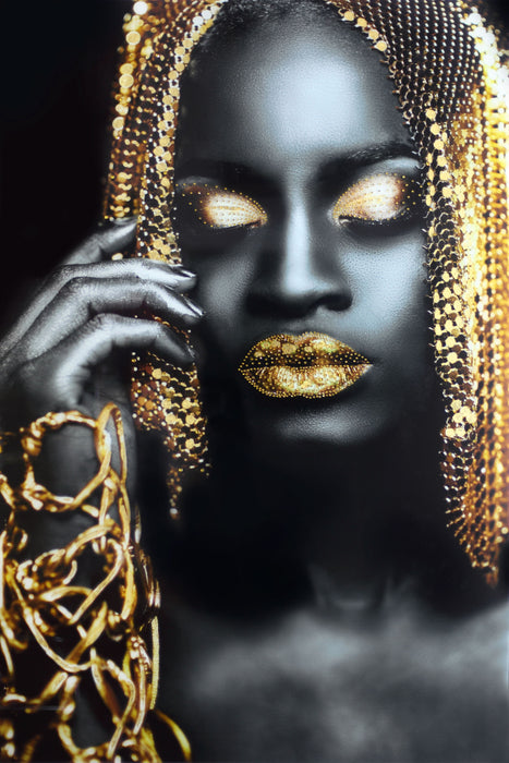Temp Glass With Foil & Rhinestones - Woman Gold Hair - Black