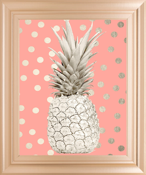 White Gold Pineapple On Polka Dots Pink By Nature Magick - Framed Print Wall Art - Gold