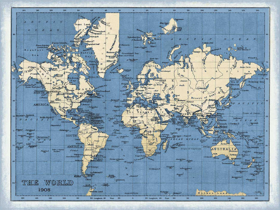 World Map By Elizabeth Medley (Framed) (Small) - Blue