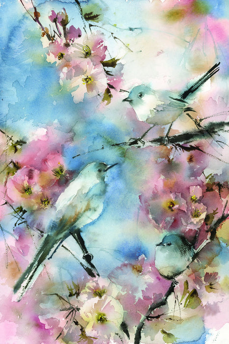 Blue Bird In Cherry Blossoms By Sophia Rodinov - Pink