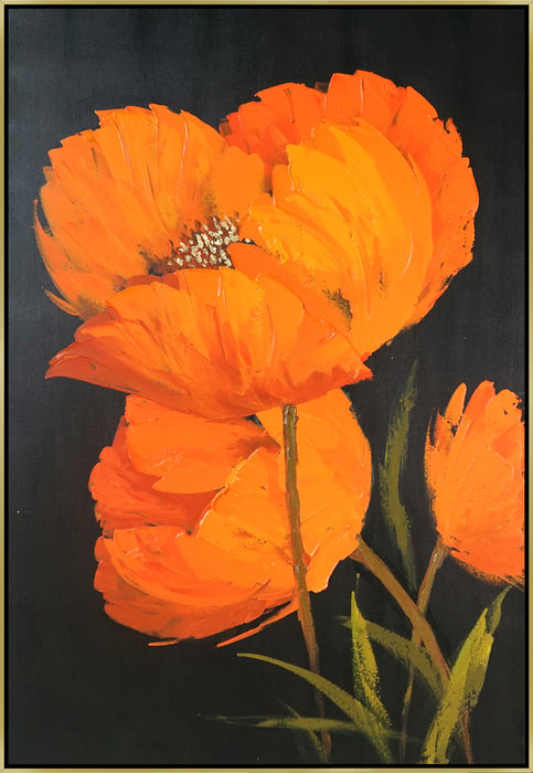 Hand Painted Textured Canvas With Foil In Frame Orange Flowers - Orange