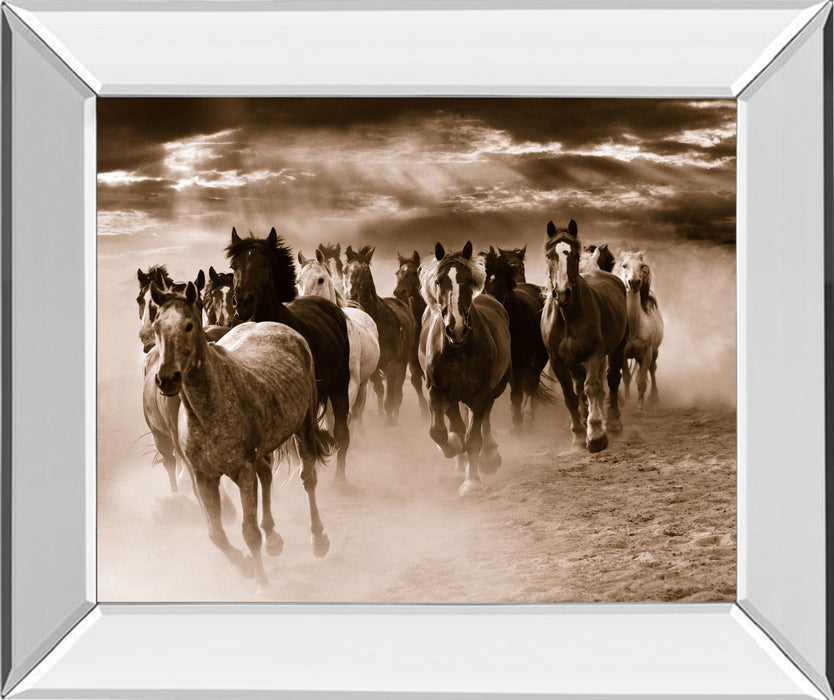 Running Horses By Monte Naglar - Mirror Framed Photo Print Wall Art - Dark Brown
