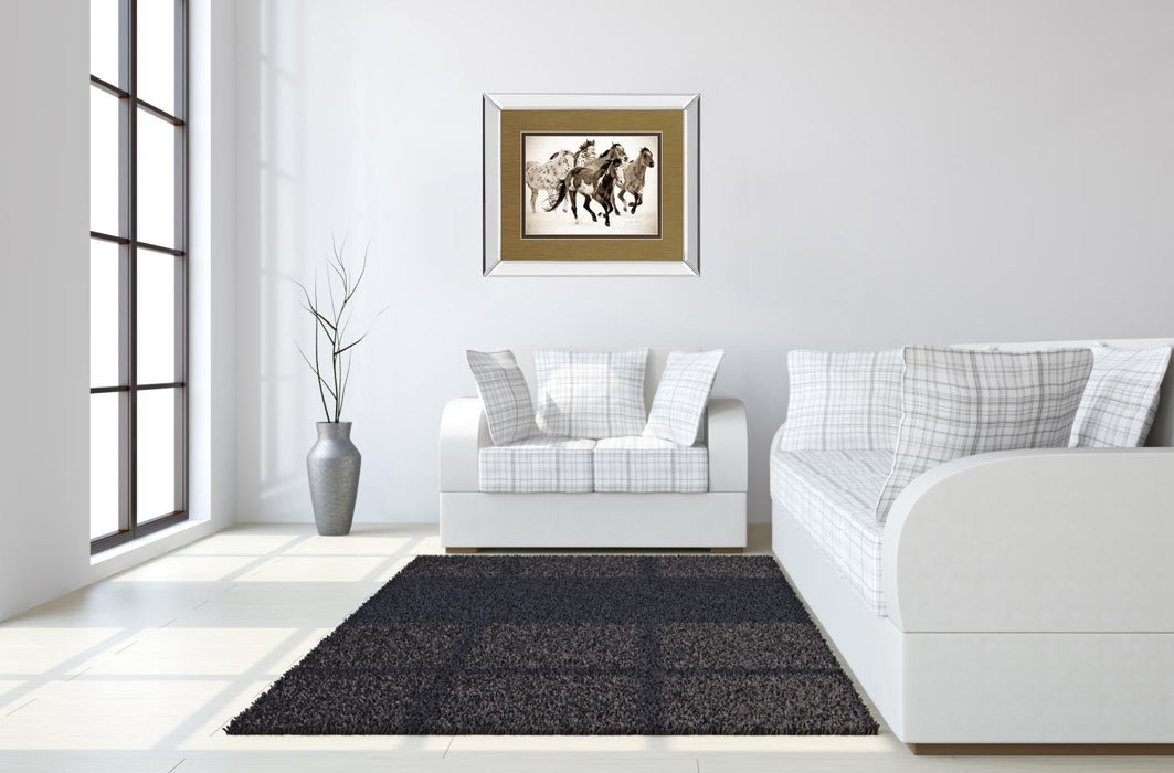 Painted Horses Run By Carol Walker - Mirror Framed Print Wall Art - Dark Brown