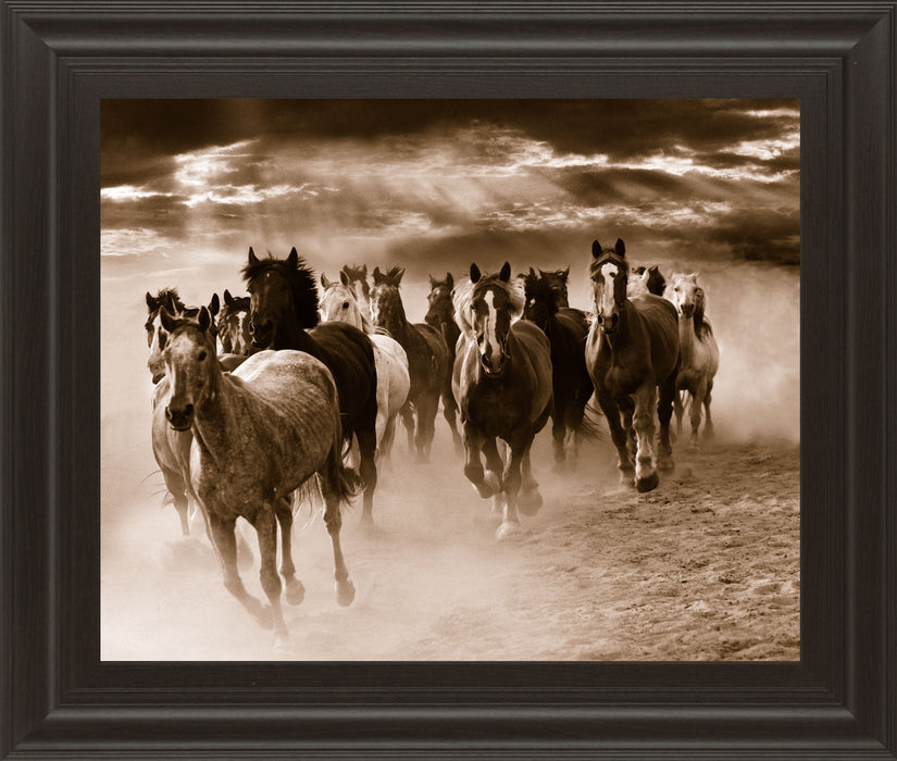 Running Horses By Monte Naglar - Framed Photo Print Wall Art - Dark Brown